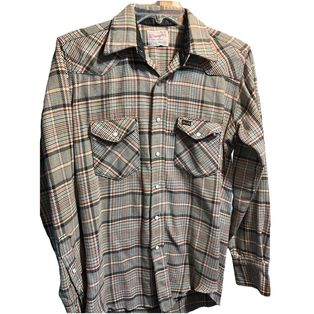 Vintage 60s Wrangler 15 x 34 Gray Plaid Pearl Snap Shirt | XL Tails | USA Made